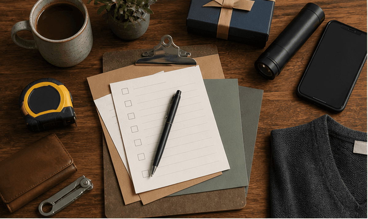 Father's Day gift planning desk with coffee, checklist cards, a flashlight, a phone, and practical gear